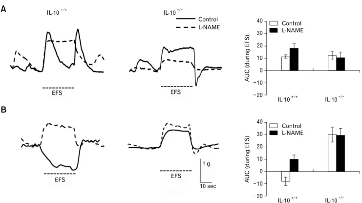 Figure 8. Response to electric field stimulation (EFS, 10 Hz) of the proximal (A) and distal (B) colon in interleukin-10 wild type (IL-10 +/+ ) and  IL-10 knockout (IL-10 −/− ) mice before and after treatment with L-NG-nitroarginine methyl ester (L-NAME, 1