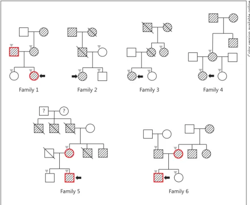 Fig. 1.   Partial pedigrees of the 6 clinical  MODY families involved in this study. 