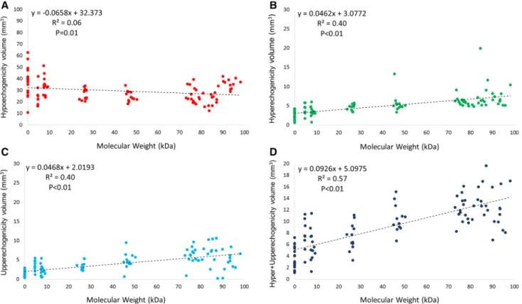 Fig. 4 Linear regressions between molecular weight and echogenicity derived parameters in the scaffold-vessel compartment