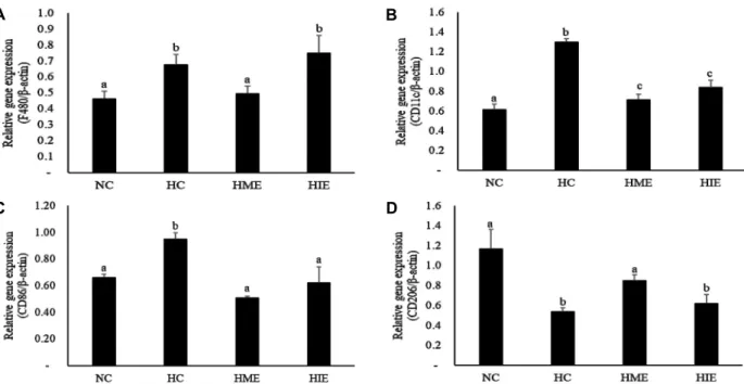 Fig.  3.  The  effect  of  moderate  and  high  intensity  exercise  on  macrophage  marker  in  high-fat  diet  induced  obese  mice