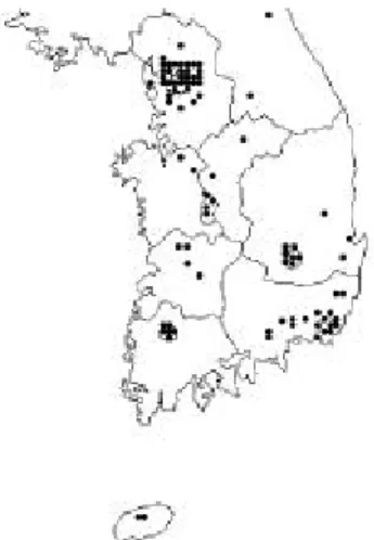 Fig. 1. Location of certified ART clinics in Korea, 1998 조사대상 및 방법 1. 조사대상 본 연구의 목적은 1998년 1월 1일부터 1998년 12월 31 일까지 국내에서 시술된 보조생식술의 현황 및 시술성 적을 파악하고자 하는 것이다