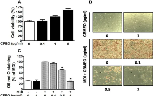 Fig.  1.  Effects  of  Chrysanthemum  boreale  Makino  flowers  essential  oil  (CFEO)  on  the  viability  and  accumulation  level  of  lipid  droplets  in  3T3-L1  cells