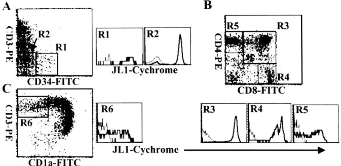 Figure 5. Three-color flow cytometric analysis of the JL1 expression in human thymocytes