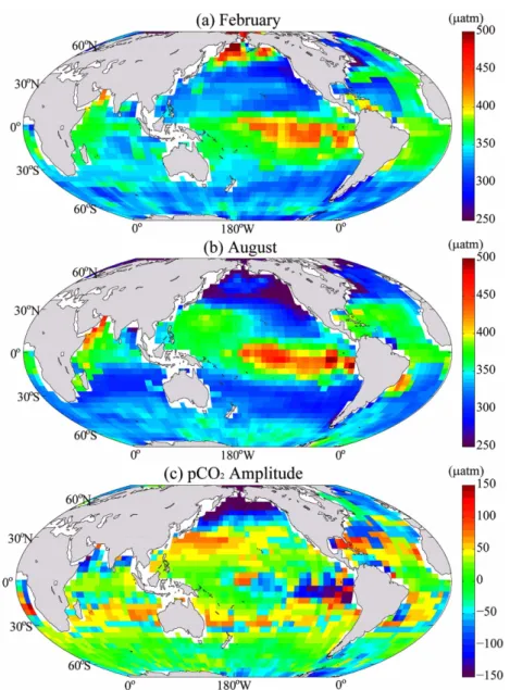 Fig. 1. Climatological surface-water pCO 2SEA  fields for (a) February and (b) August estimated from the NC T /SST/NO 3 –  (Lee et al