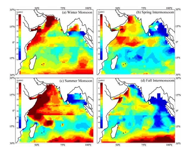 Fig. 6. Comparison of our modeled pCO 2  fields for (a) winter (December to February), (b) spring (March to May), (c) summer (June to