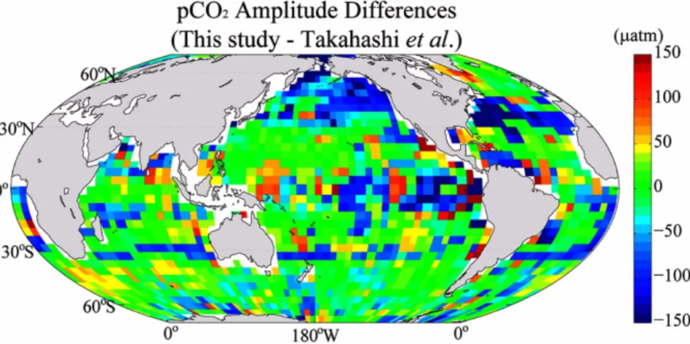 Fig. 8. Comparison of model predictions with measurement-derived pCO 2SEA  fields (Takahashi et al