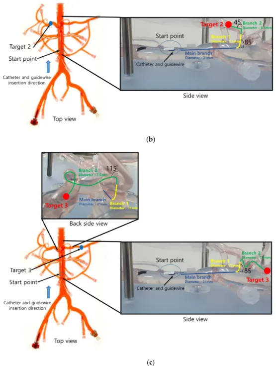 Figure 11. Three target points in the vascular phantom: (a) Target 1; (b) Target 2; (c) Target 3