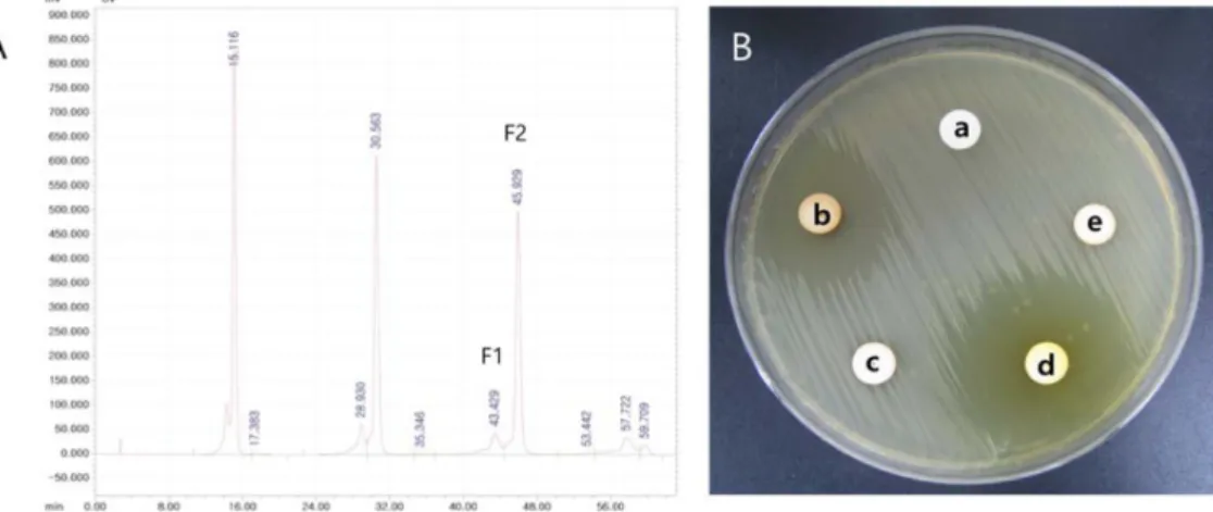 Fig.  4.  HPLC  chromatogram  of  hexane  fraction  from  D.  malabarica  stems  (A)  and  antibacterial  activity  against  S
