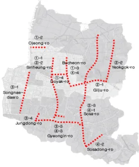 Fig.  6.  Spatial  distribution  of  Hot-spot  road  in  Bucheon-si 4.  결론 최근  고농도  미세먼지  사례  등의  증가로  대기질 에  대한  국민적  관심과  정보  수요가  높아졌다