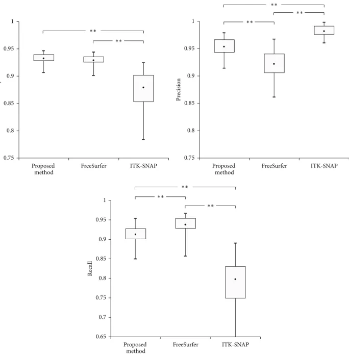 Figure 6: The box plot of quantitative indices after removing the brain stem and cerebellar peduncle ( ∗∗ 