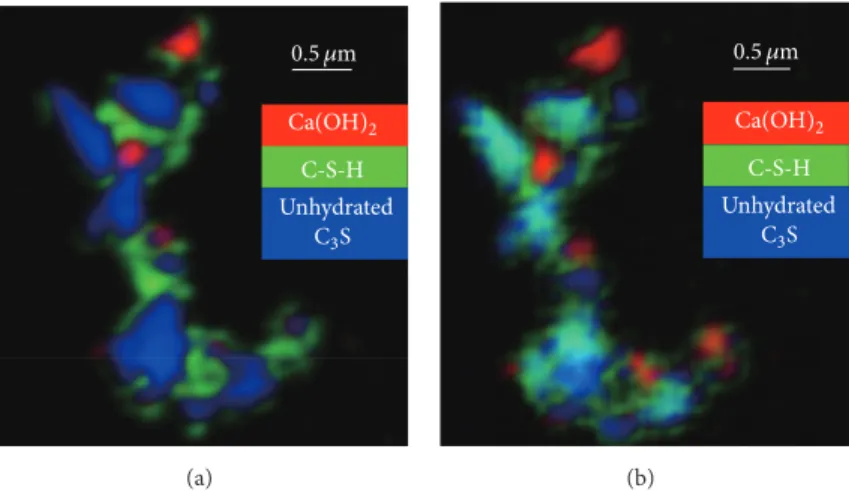 Figure 3: Decomposition diagram of RGB overlay maps using SVD for the C 3 S particle in the presence of CaCl 2 based on NEXAFS spectra obtained from the reference in Figure 2 and the different areas in Figure 3: (a) Ca L 3,2 -edge image stacks; (b) O K-edg