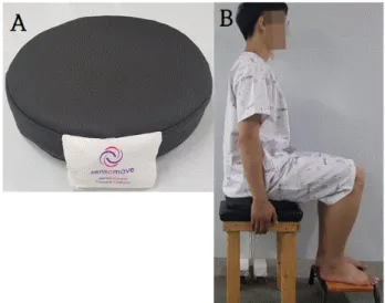 Figure 4. (A) Sensbalance therapy cushion. (B) Setting for meas- meas-uring pelvic mobility.