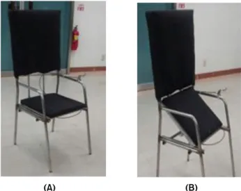 Figure 1. Prototype of sit to stand assistive chair (A) When the seat is lowered. (B) When the seat is raised.