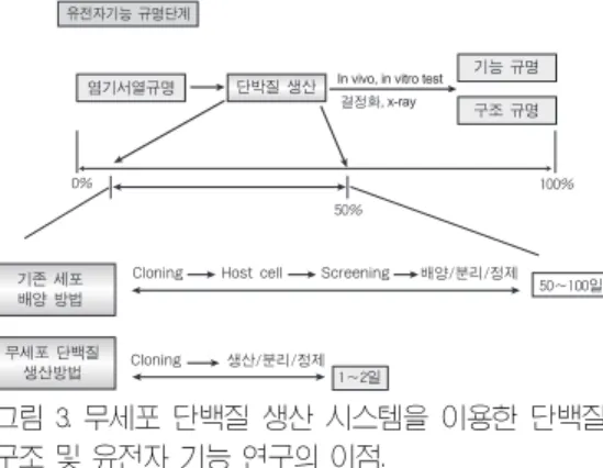 그림 3. 무세포 단백질 생산 시스템을 이용한 단백질 구조 및 유전자 기능 연구의 이점.