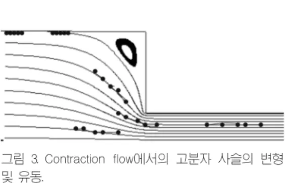 그림 3. Contraction  flow에서의 고분자 사슬의 변형 및 유동.