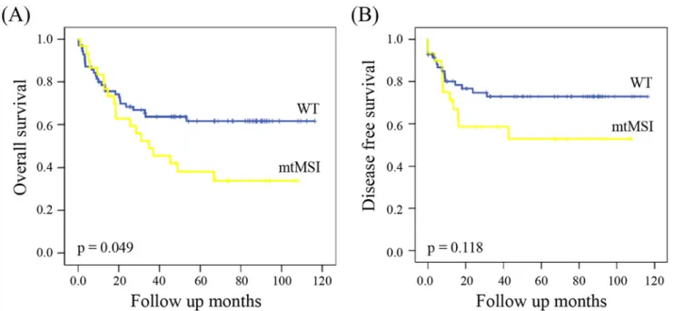 Fig 1. Kaplan —Meier curves for overall survival (A) and disease free survival (B) of colorectal cancer patients according to mitochondrial microsatellite instability status.