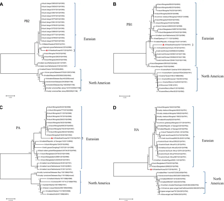 Fig.  1.  Phylogenetic  analysis  of  PB2,  PB1,  PA,  HA,  NP,  NA,  M  and  NS  genes  of  A/Waterfowl  /Korea/S017/2016(H7N7)