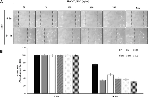 Fig.  3.  Migration  Effects  of  RSC  in  HaCaT  cells  in  Wound-healing  assay.  Cells  were  treated  with  variable  concentrations  of  RSC  (100-200  μg/ml)  before  making  a  scratch  in  the  cell  layer
