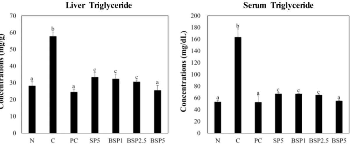 Fig.  2.  Effects  of  SP  and  BSP  on  the  concentrations  of  triglyceride  in  liver  and  serum  in  alcohol  feeding  rats