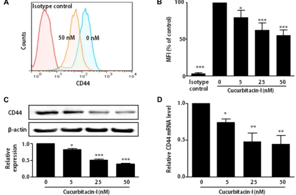 Fig.  2.  Effect  of  cucurbitacin-I  on  the  expression  of  CD44.  SKOV-3  cells  were  treated  with  indicated  concentration  of  cucurbitacin-I  for  24  hr