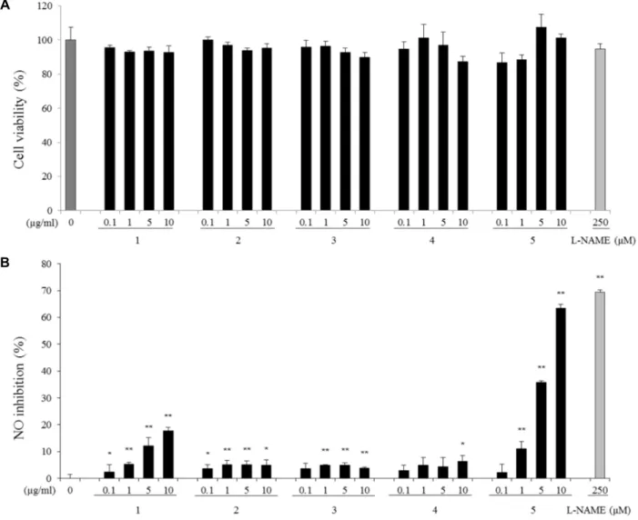 Fig.  2.  Effects  of  compounds  1-5  on  cell  viability  (A)  and  NO  inhibition  (B)  in  LPS-stimulated  RAW264.7  cells
