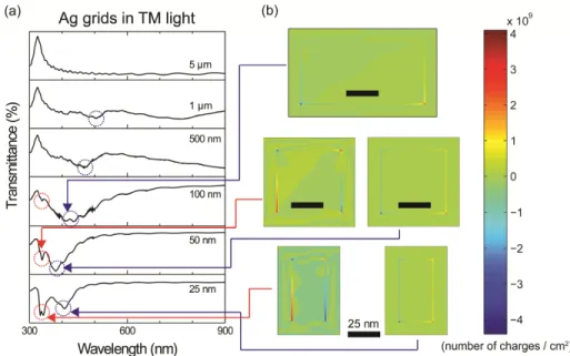 Fig. 3. Optical transmittance of the silver grid for TM-polarized light. The length in the right  side of each spectrum indicates the grid width of each structure