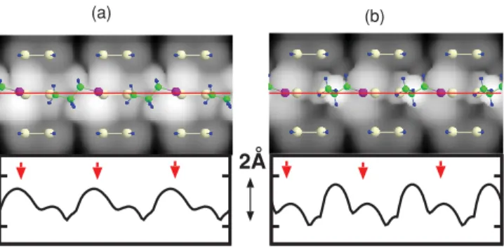 FIG. 4. (Color online) Simulated filled-state STM images of the infinite ALM line on the H-terminated Si(100) surface within (a) the linear structure and (b) the branched structure