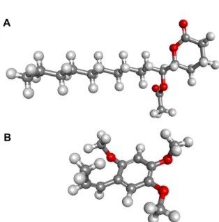 Fig.  1.  3D  chemical  structure  of  the  mosquito  odorant-binding  protein  ligand  MOP  (A)  and  beta-asarone  (B).