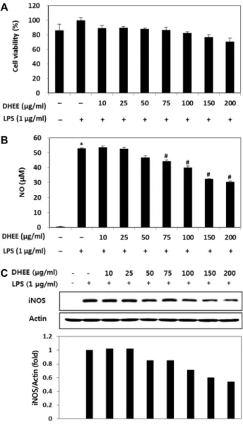 Fig.  4.  Effect  of  DHEE  on  cell  viability  (A),  LPS-induced  NO  formation  (B),  and  iNOS  protein  expression  (C)  in  RAW  264.7  cells
