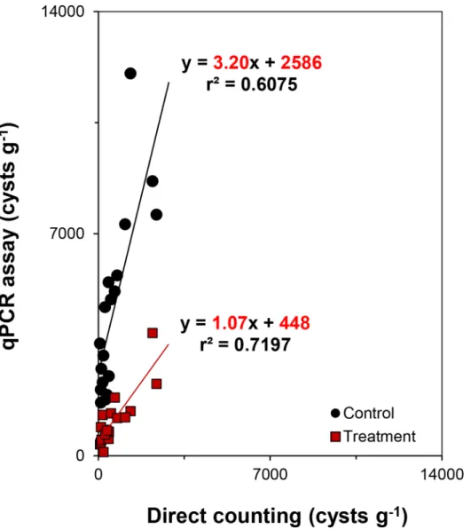 Fig 7. The changes of correlation between two results through direct counting method and qPCR with/without DNA debris removal treatment