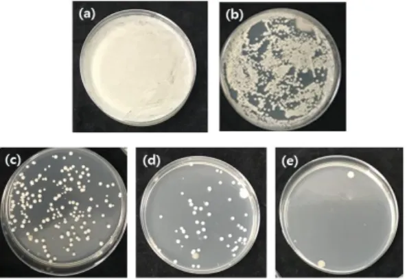 Fig.  1.  Result  of  Colony  forming  unit  (CFU)  (a):0  mg/mL(Control),  (b):5  mg/mL,  (c):10  mg/ 