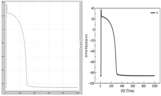 Figure  1 . The Action Potential results of Ten  Tuscher 2006 CellML files from OpenCOR (left) 