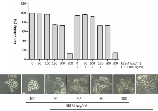 Fig.  1.  Effects  of  EESM  on  cell  viability  and  morphology  in  RAW  264.7  macrophages
