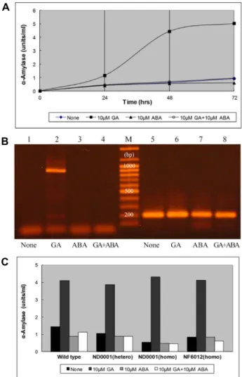 Fig.  1.  Tissue-specific  expression  of  OsCPK11.  Total  RNA  was  isolated  from  the  flowers,  young  leaves,  mature  leaves,  roots  and  aleurone  layers  of  rice,  and  RT-PCR  was  performed