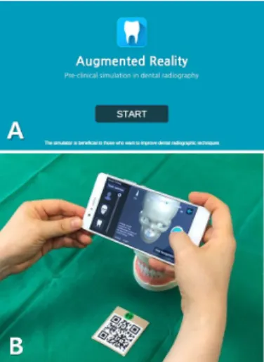 Fig.  6.  An  image  showing  the  graphical  user  interface  of  the  augmented  reality-based  clinical  simulator  촬영 버튼을 누르면, 스마트폰에 저장되어 있던 EPH 방사선 사진에 대한 촬영각 정보와 현재 촬영각 정보를 비교한다