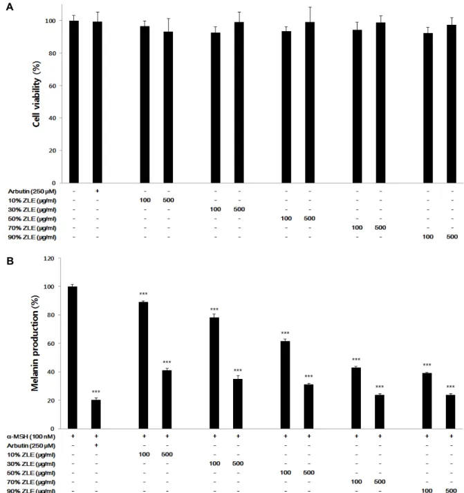 Fig.  3.  Skin-whitening  effect  of  Z.  latifolia  extract,  (A)  cell  viability  of  B16-F0  melanocyte  by  Z
