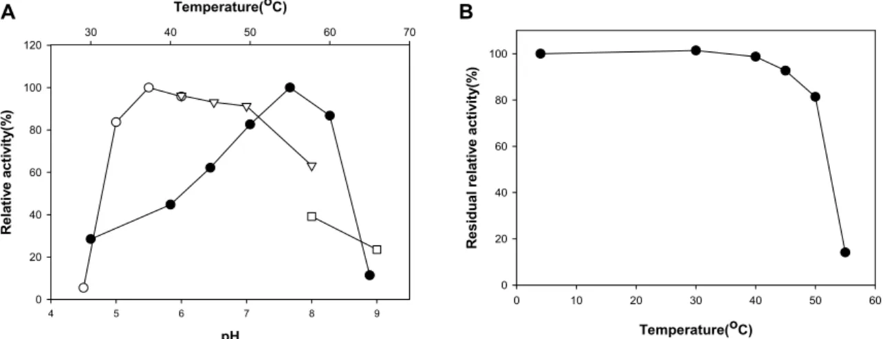 Fig.  2.  The  optimum  temperature  and  pH  of  PwMan26AT,  and  its  thermo-stability