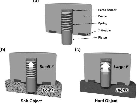 Figure 1 illustrates the operating principle of our stiffness measurement system. The system consists of a force module (f-module), a cylindrical piston attached to the frame of the system through a spring with a spring constant k1 and a force sensor, and 