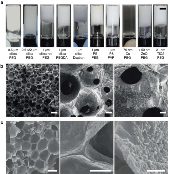 Figure 4 | Various HIPPEs and synthesis of porous materials. (a) Various stable HIPPEs formed with various particles and depletants