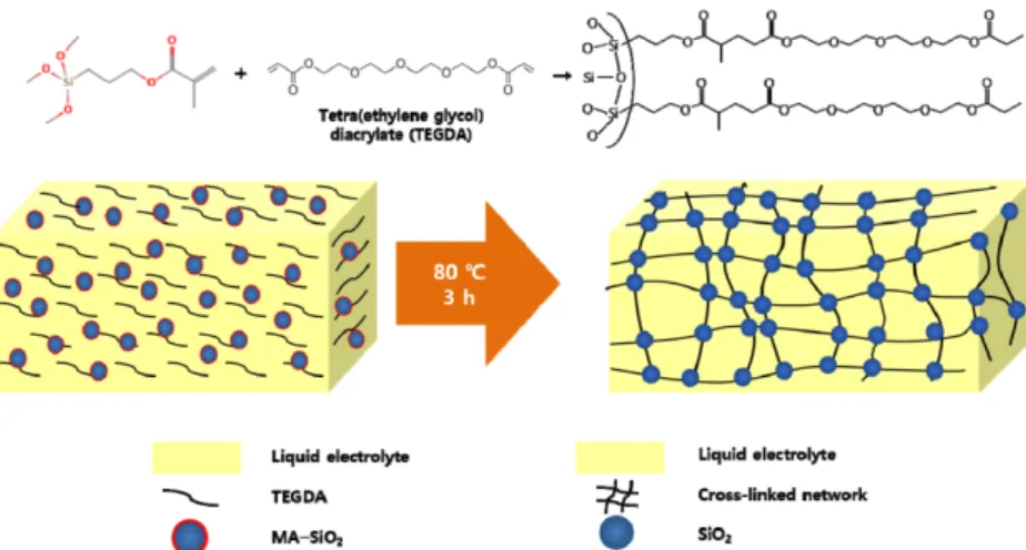 Fig. 1. Schematic illustration for synthesis of quasi-solid-state hybrid electrolyte using MA-SiO 2  particles and TEGDA at