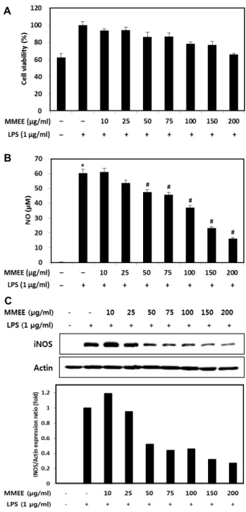 Fig.  4.  Effect  of  MMEE  on  cell  viability  (A),  LPS-induced  NO  formation  (B),  and  iNOS  protein  expression  (C)  in  RAW  264.7  cells