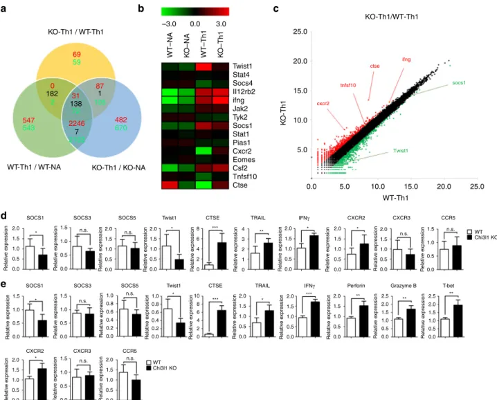 Fig. 5 RNA transcriptomes of Chi3l1 KO T cells. a 100-bp pair-ended RNA-sequencing in naïve, Th1-skewed WT, and Chi3l1 KO CD4 T cells