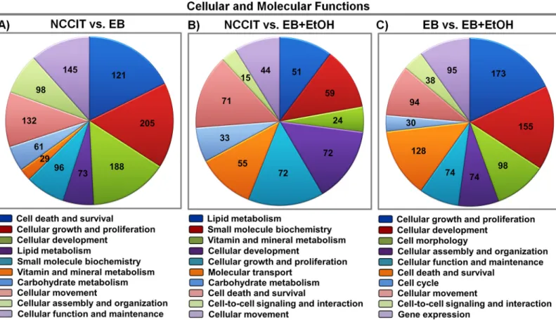 Fig 2. Functional enrichment analysis of differentially expressed genes. A). B) and C) represent Pie charts of cellular and molecular functions of the DEGs (top 10 categories; p-values < 0.05) between NCCIT vs