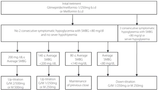 Figure 1 | Titration algorithm. G/M, glimepiride/metformin; M, metformin; SMBG, self-monitored blood glucose.