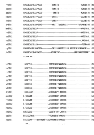 Fig.  2.  The  multiple  alignment  of  the  deduced  amino  acid  sequence  of  the  pacific  oyster  BTG1  with  other  BTG  families  (Table  2)