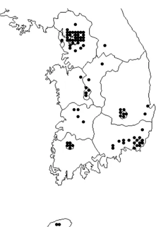 Fig.  1.  Location  of  certified  ART  clinics  in  Korea,  2002.