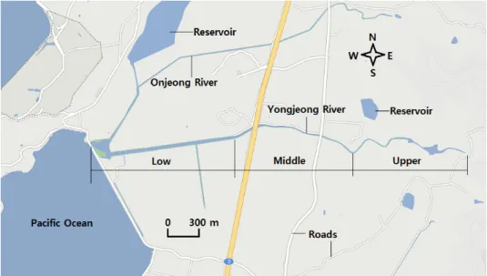 Fig.  1.  Location  of  the  study  area  and  the  three  detailed  internodes  at  the  Youngjeong  River.