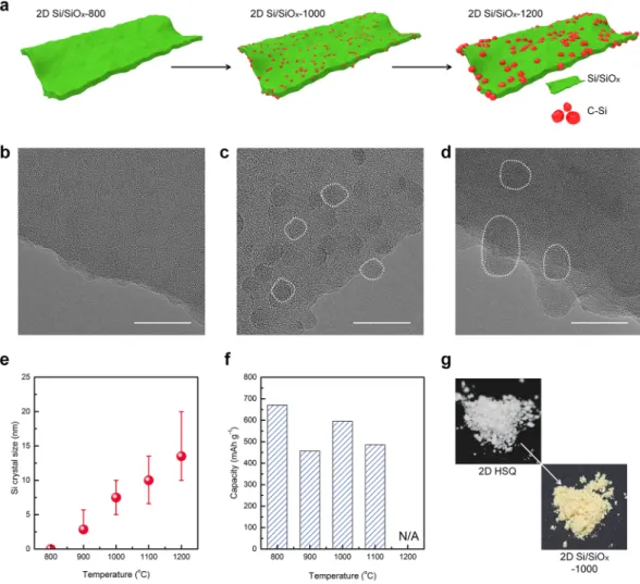 Figure 3.  Structural characterization of 2D Si/SiO x nanofoils obtained by heat treatment at various 