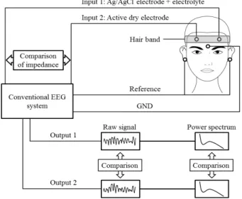 Figure 1. Locations of the electrodes and schematic structure used for verifying the active dry EEG electrode.