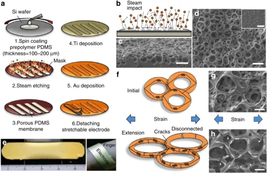 Figure 1 | Fabrication of the porous electrode with steam etching. (a) Process for fabricating a porous PDms substrate using steam etching and metal 